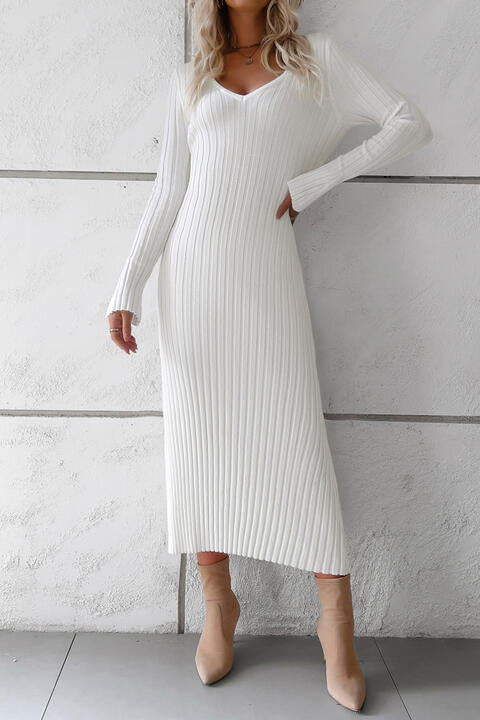 V-Neck Long Sleeve Ribbed Sweater Dress | 1mrk.com