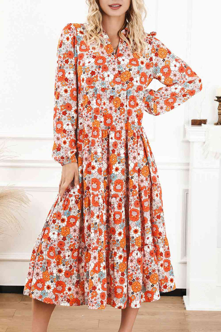 Floral Notched Neck Long Sleeve Dress |1mrk.com