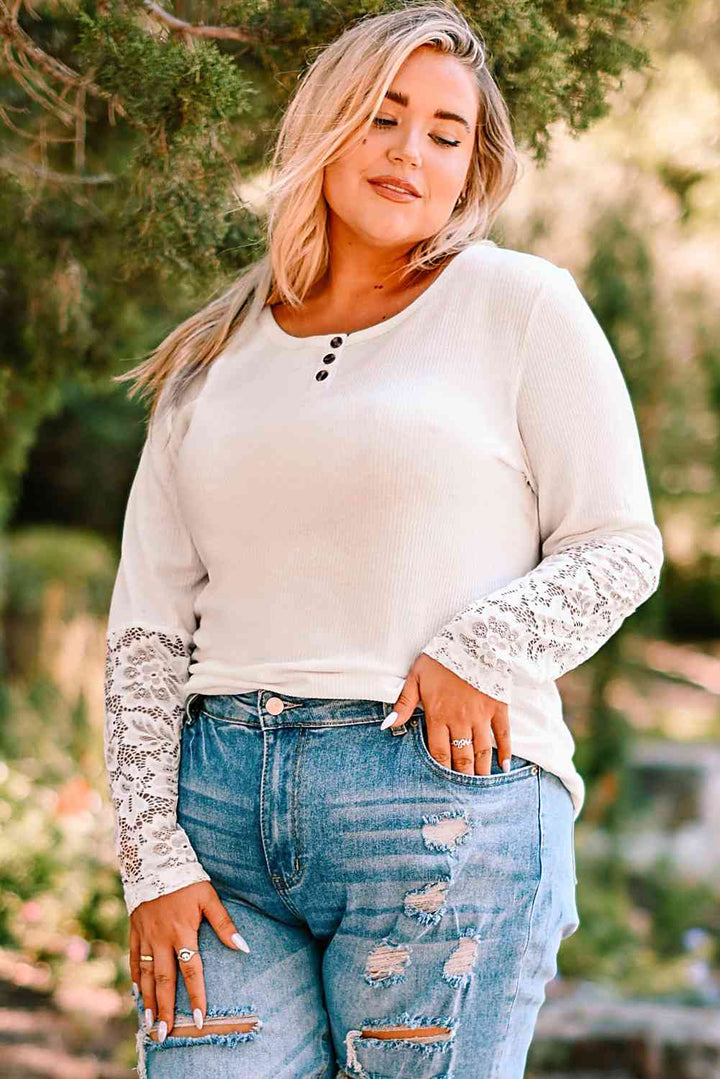 Plus Size Spliced Lace Ribbed Henley Top | 1mrk.com