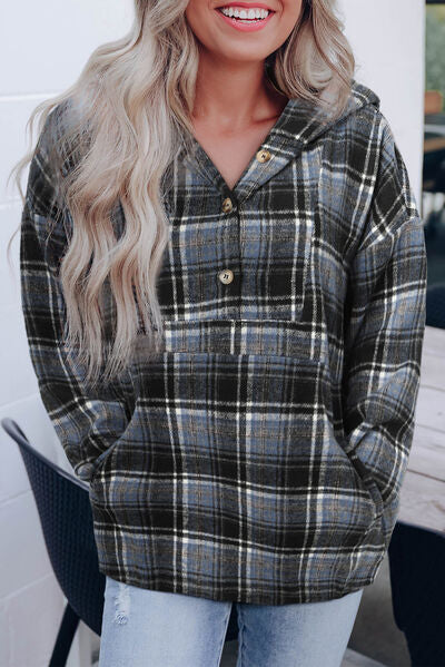 Plaid Long Sleeve Buttoned Hoodie |1mrk.com