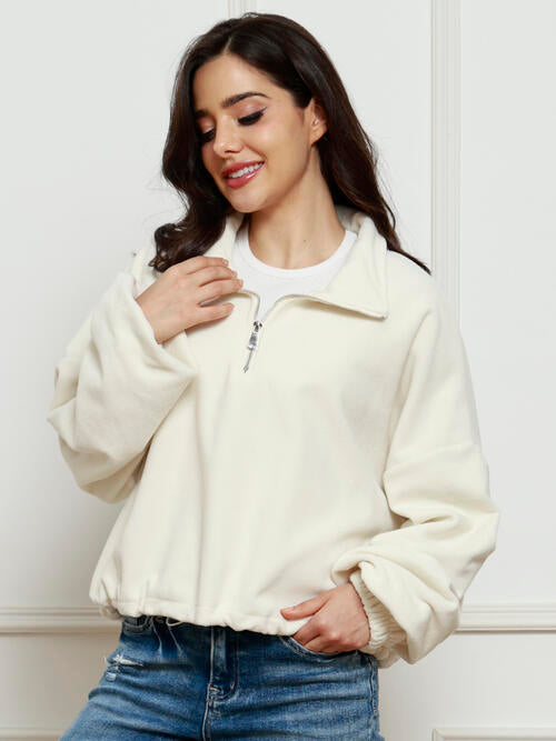 Half-Zip Collared Drop Shoulder Fleece Sweatshirt |1mrk.com