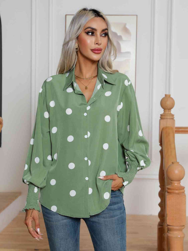 Polka Dot Collared Neck Buttoned Lantern Sleeve Shirt |1mrk.com