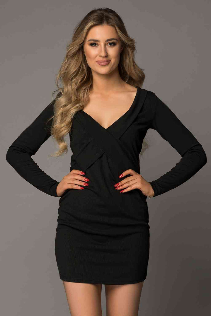 Long Sleeve Plunge Ribbed Bodycon Dress | 1mrk.com