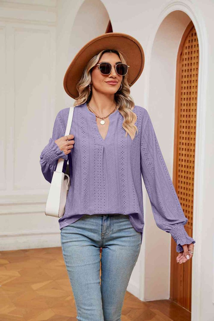 Notched Neck Flounce Sleeve Blouse | 1mrk.com