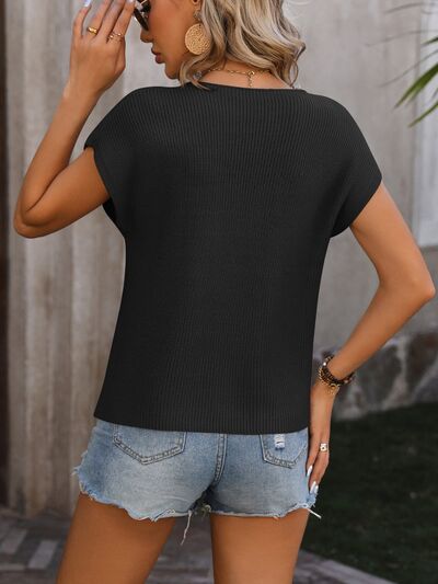 Pocketed Round Neck Cap Sleeve Sweater |1mrk.com