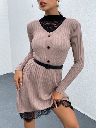 Lace Detail Decorative Button Long Sleeve Sweater Dress |1mrk.com