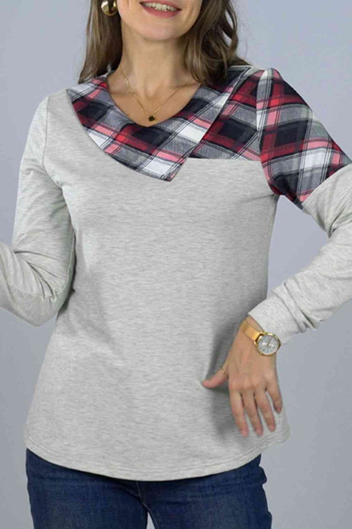 Asymmetrical Plaid Print Long Sleeve Tee | 1mrk.com