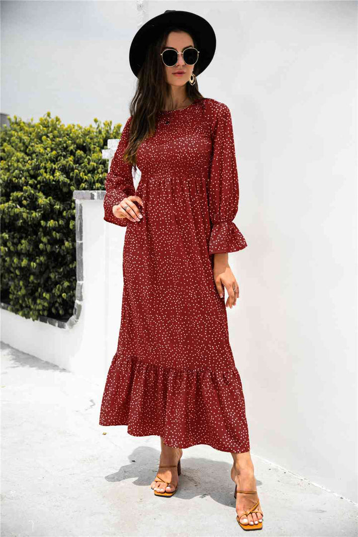 Printed Puff Sleeve Ruffle Maxi Dress |1mrk.com