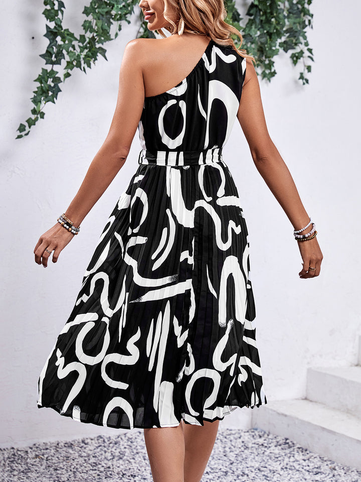 Printed Single Shoulder Tie Waist Dress | Trendsi