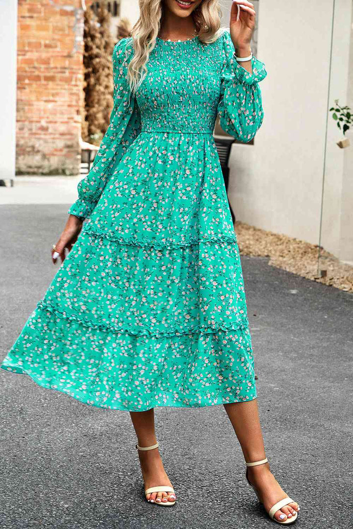 Smocked Flounce Sleeve Midi Dress | 1mrk.com