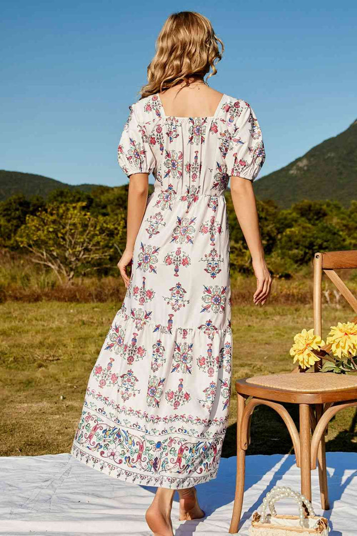 Floral Ruched Puff Sleeve Tiered Maxi Dress | 1mrk.com