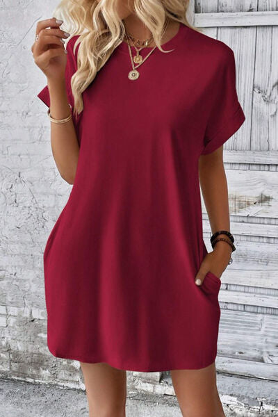 Pocketed Round Neck Short Sleeve Dress |1mrk.com