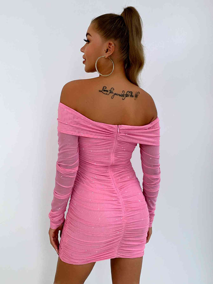 Glitter Ruched Off-Shoulder Long Sleeve Bodycon Dress | 1mrk.com