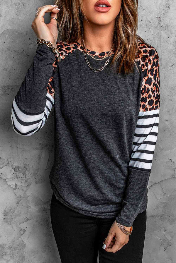 Leopard Striped Raglan Sleeve Top | 1mrk.com