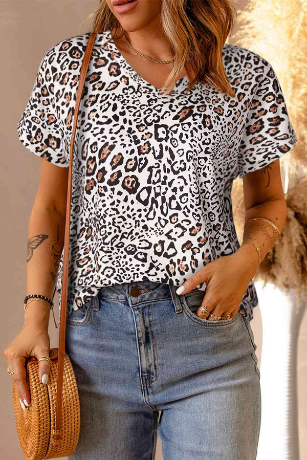 Leopard V-Neck Short Sleeve Tee Shirt | 1mrk.com