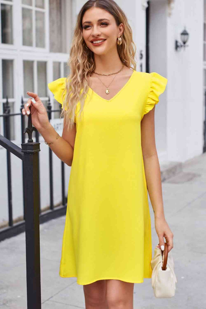 Ruffled V-Neck Flutter Sleeve Dress |1mrk.com