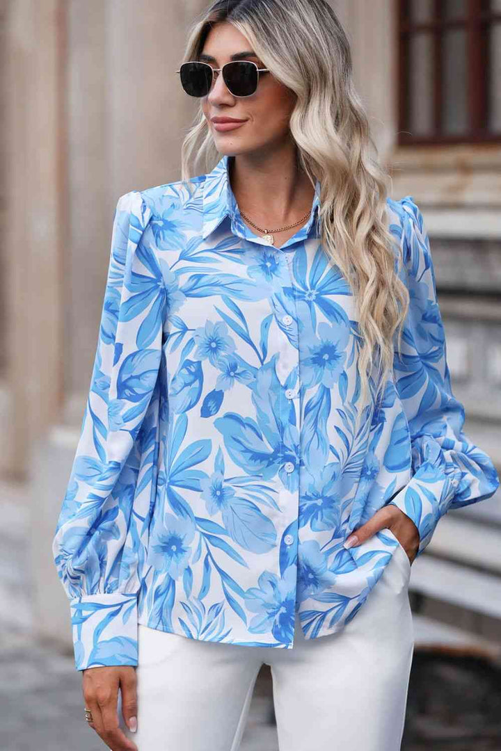 Floral Puff Sleeve Collared Shirt |1mrk.com