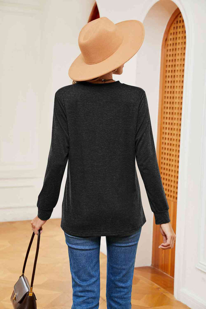 Buttoned Notched Neck Long Sleeve Top | 1mrk.com