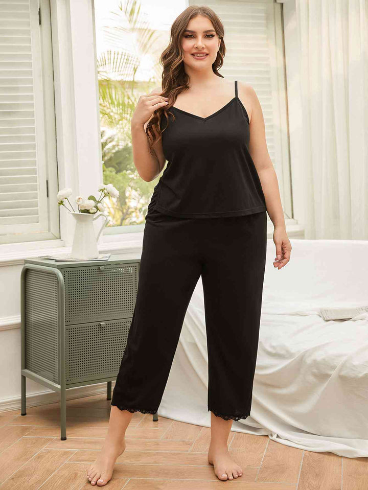 Plus Size Lace Trim Slit Cami and Pants Pajama Set | 1mrk.com