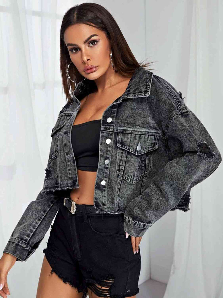 Dropped Shoulder Collared Neck Denim Jacket | 1mrk.com