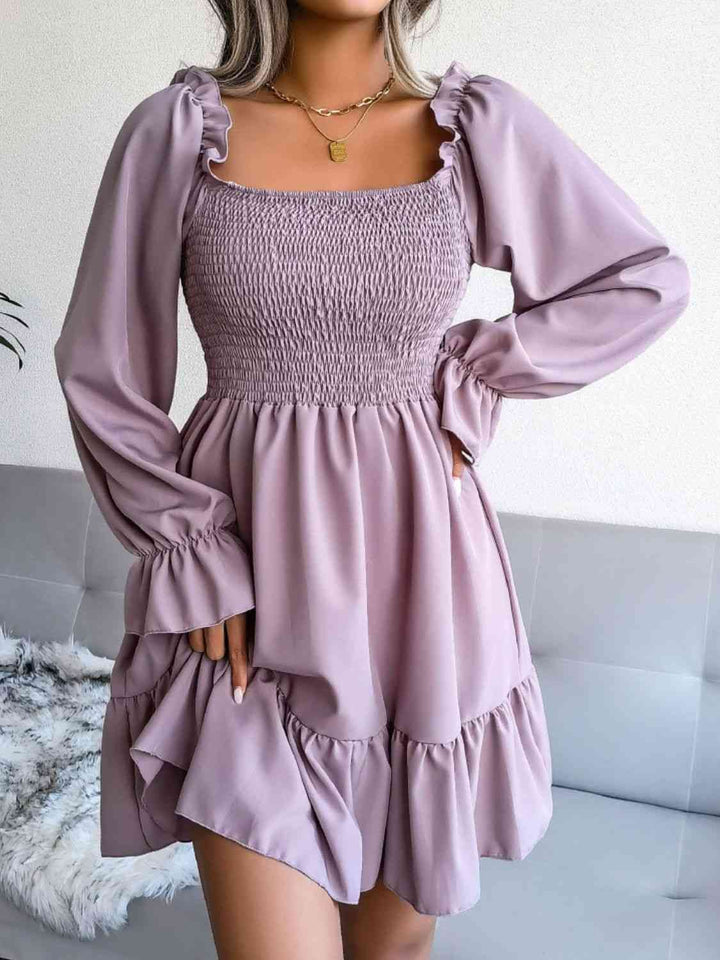 Smocked Flounce Sleeve Square Neck Dress |1mrk.com