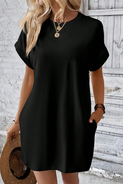 Pocketed Round Neck Short Sleeve Dress |1mrk.com