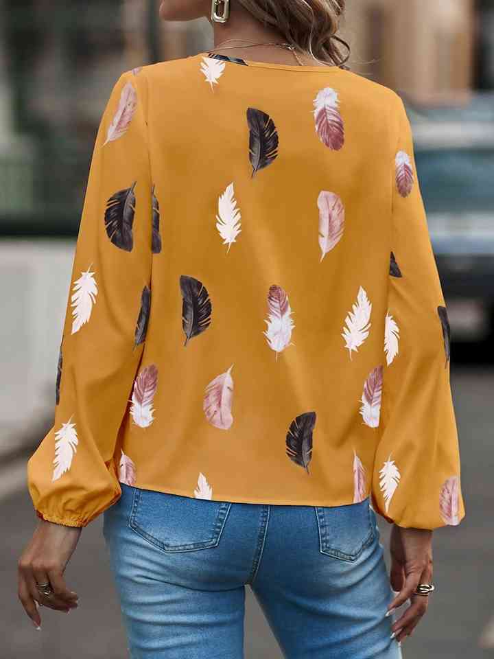 Printed Notched Neck Long Sleeve Blouse | 1mrk.com