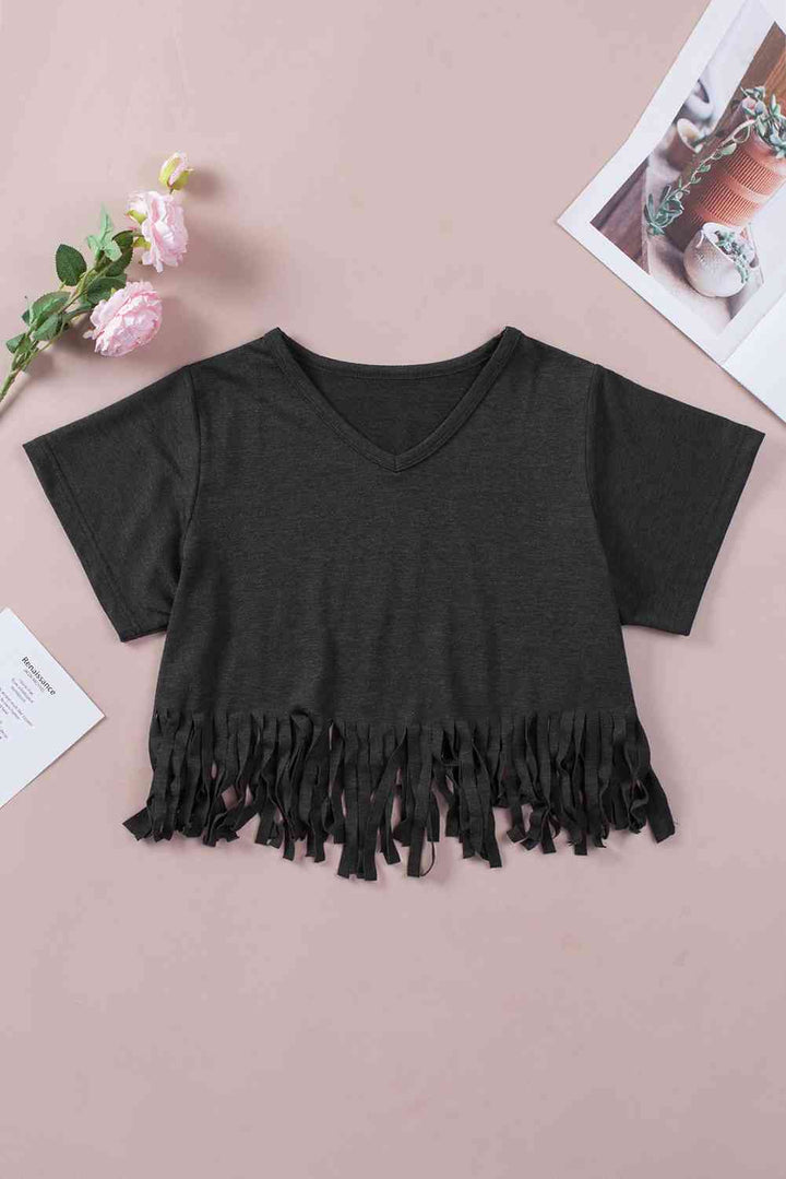 V-Neck Fringe Hem T-Shirt | 1mrk.com