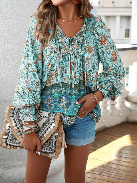 Bohemian Tie Neck Lantern Sleeve Blouse | 1mrk.com