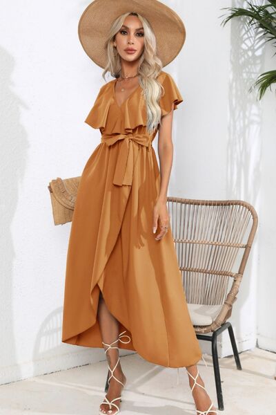 Ruffled Tied V-Neck Midi Dress |1mrk.com