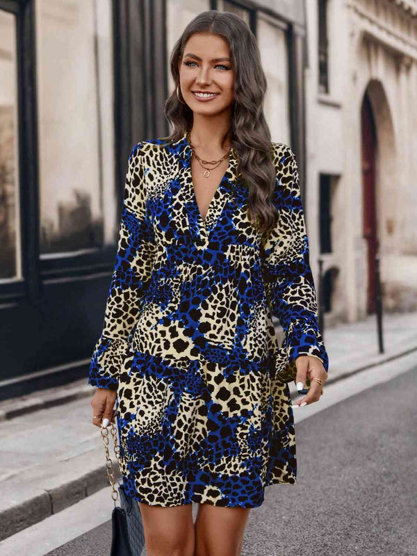 Leopard Notched Long Sleeve Dress | 1mrk.com