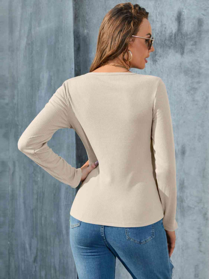 Buttoned Round Neck Long Sleeve T-Shirt | 1mrk.com