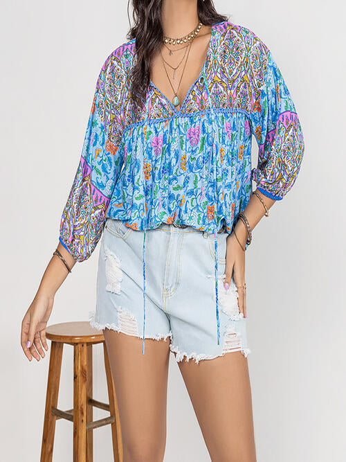 Plus Size Printed Tie Neck Balloon Sleeve Blouse |1mrk.com