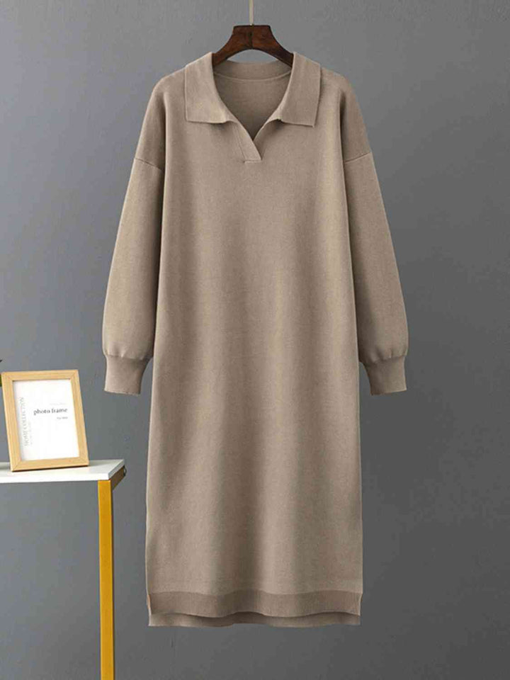 Johnny Collar Long Sleeve Slit Sweater Dress |1mrk.com