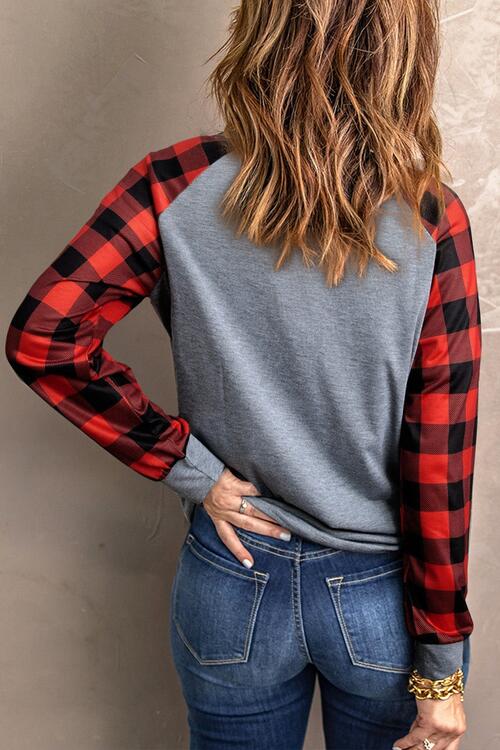 Plaid Round Neck Long Sleeve T-Shirt | 1mrk.com