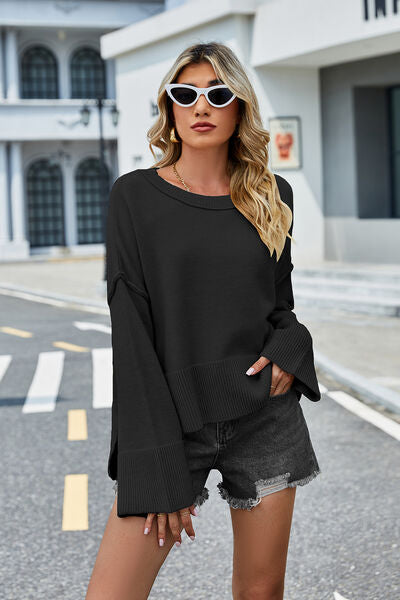 High-Low Slit Round Neck Long Sleeve Sweater | Trendsi