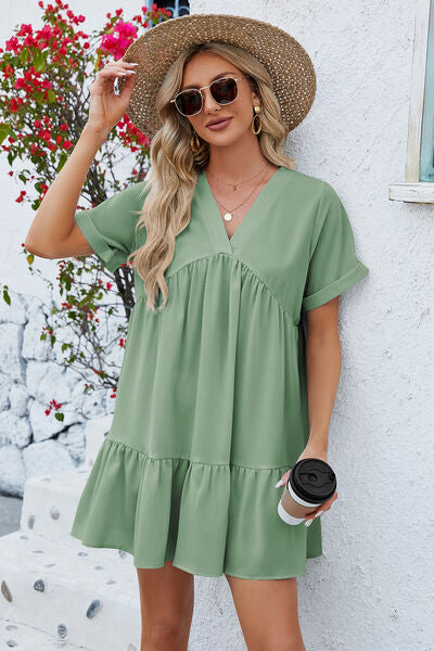 Ruched Tiered V-Neck Short Sleeve Mini Dress | Trendsi