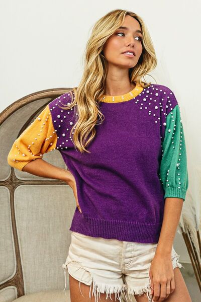 BiBi Color Block Pearl Detail Round Neck Sweater |1mrk.com