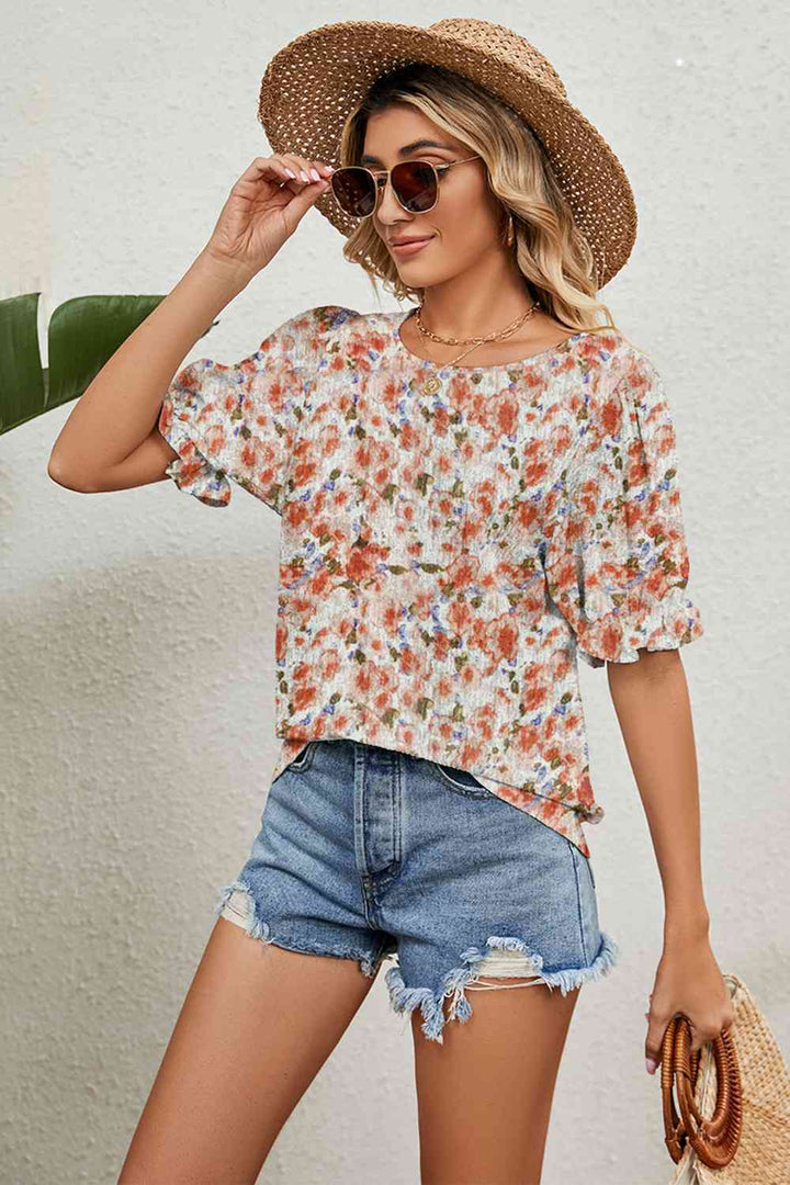 Round Neck Flounce Sleeve Blouse | 1mrk.com