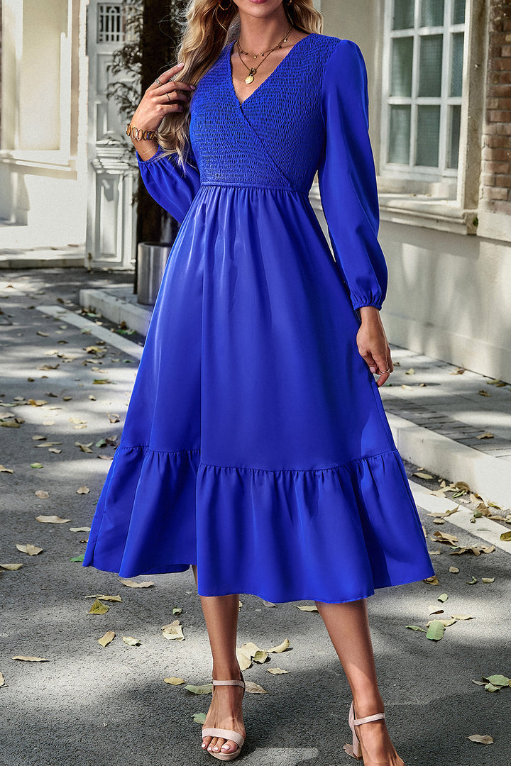 Smocked Surplice Long Sleeve Midi Dress | Trendsi