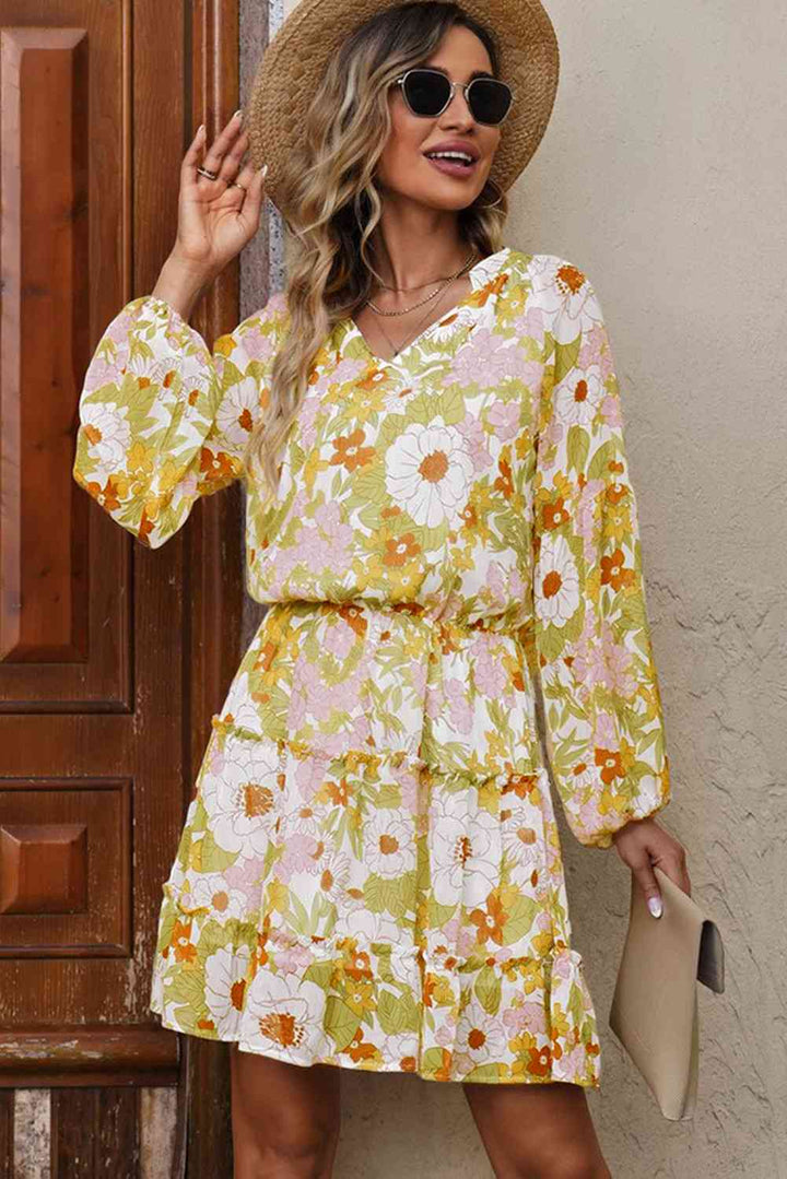 Floral Frill Trim Puff Sleeve Notched Neck Dress |1mrk.com