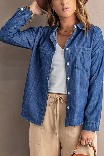 Pocketed Button Up Collared Neck Denim Top | 1mrk.com