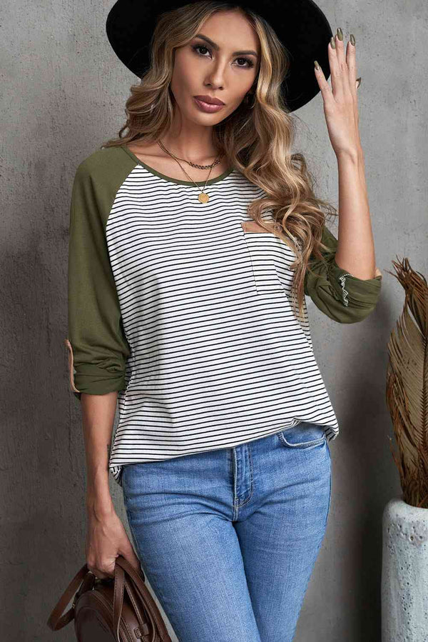 Striped Color Block Roll-Tab Sleeve Top | 1mrk.com