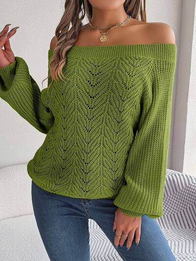 Openwork Off-Shoulder Long Sleeve Sweater |1mrk.com