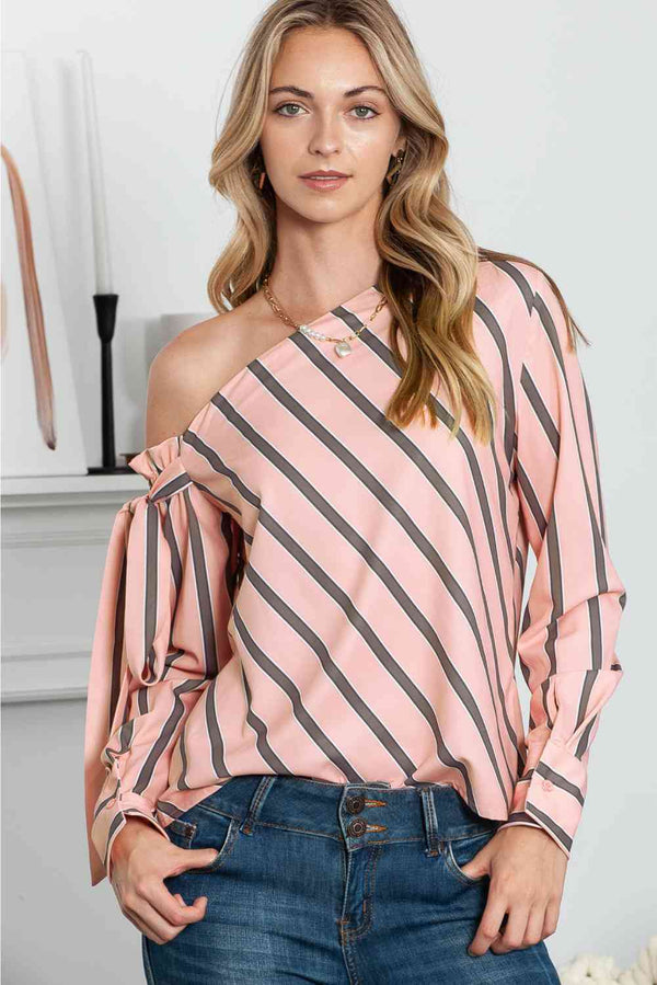 Striped Asymmetrical Long Sleeve Blouse |1mrk.com
