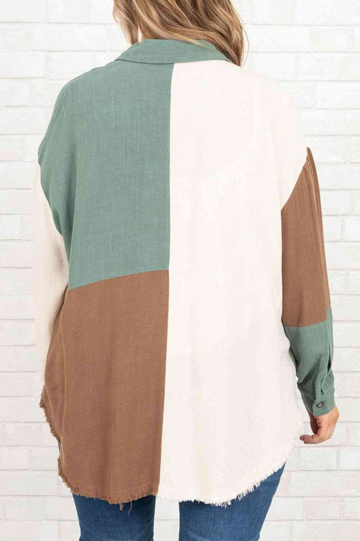 Plus Size Collared Neck Color Block Raw Hem Shirt |1mrk.com