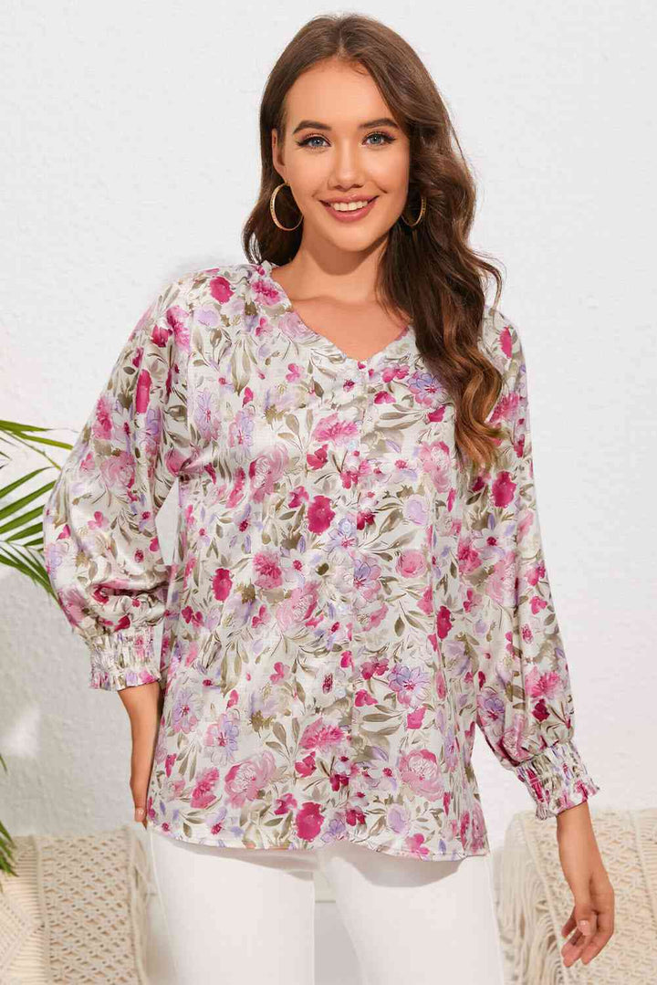 Double Take Floral V-Neck Long Sleeve Shirt |1mrk.com