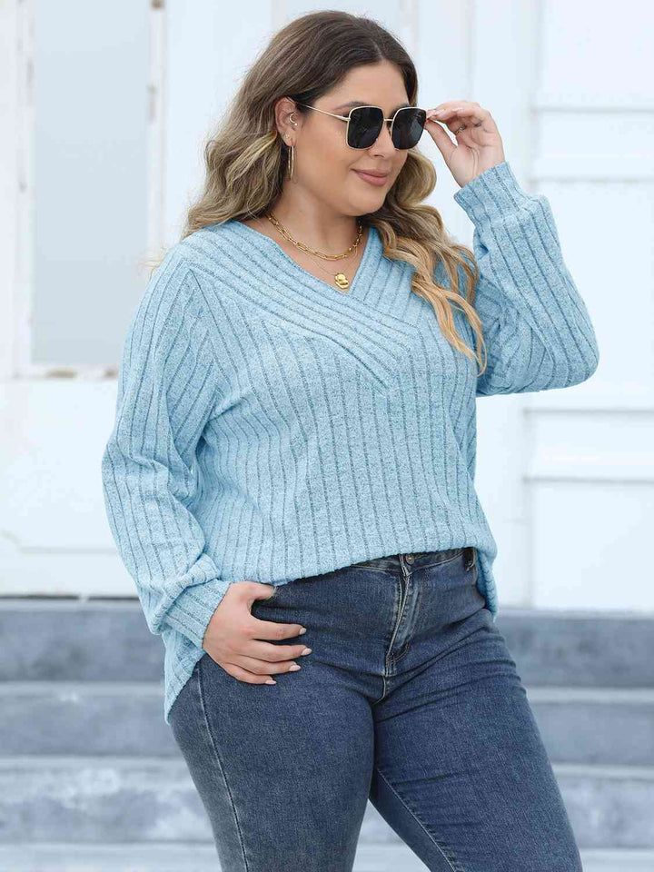 Plus Size Ribbed V-Neck Long Sleeve Top | 1mrk.com