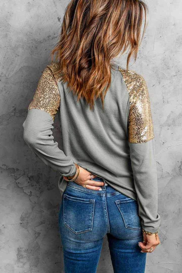 Leopard Sequin Round Neck Long Sleeve Top | 1mrk.com