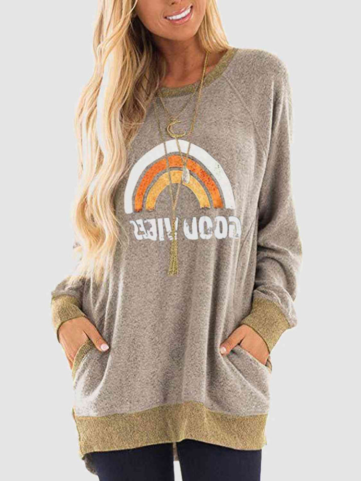 Rainbow Graphic Round Neck Sweatshirt with Pockets |1mrk.com